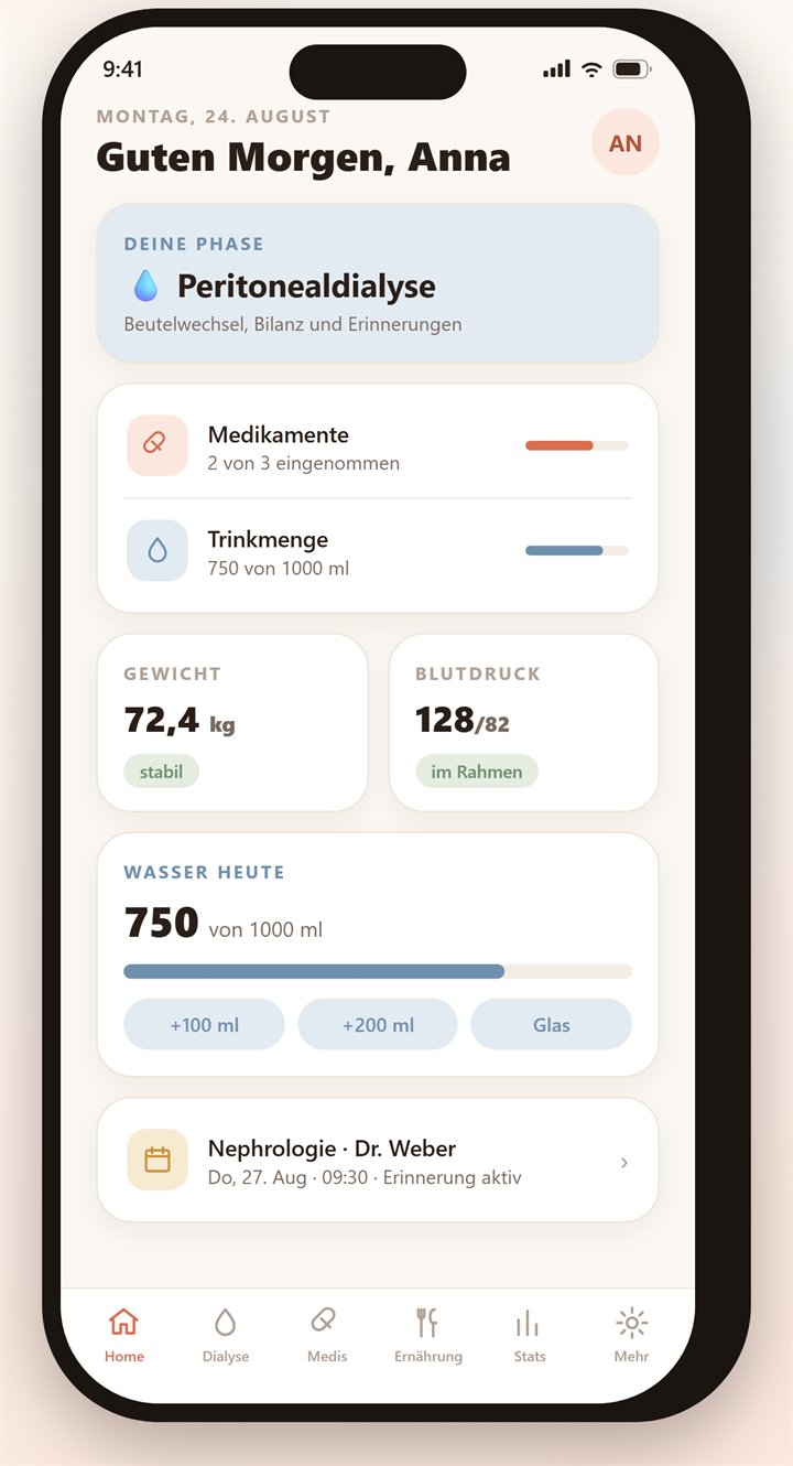 Kidni-App auf einem iPhone: Startbildschirm mit Phase Peritonealdialyse, Medikamenten, Trinkmenge und Vitalwerten