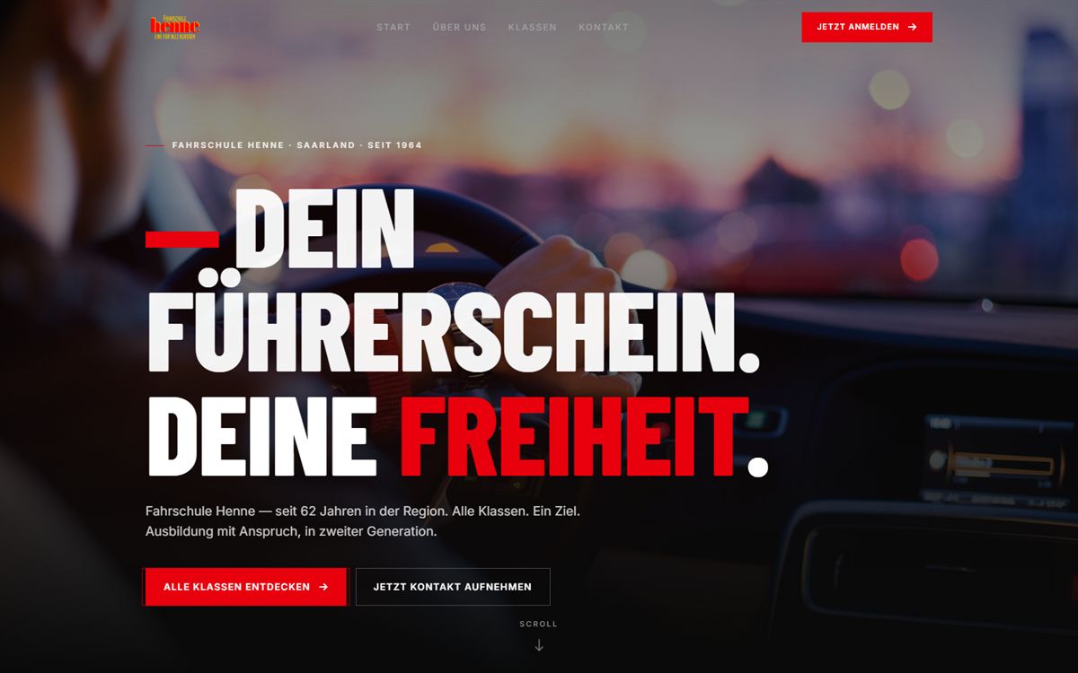 Startseite von fahrschule-henne.com — Headline „Dein Führerschein. Deine Freiheit.