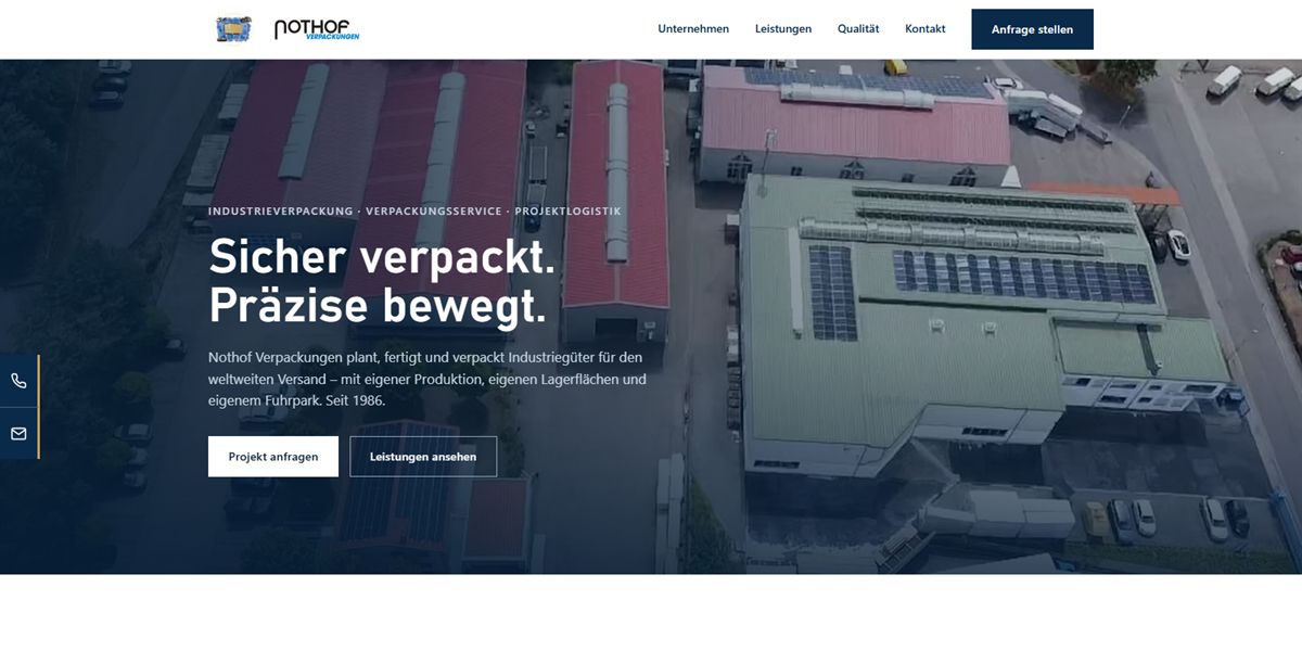 Startseite von nothof-gmbh.de — Luftaufnahme des Firmengeländes mit der Headline „Sicher verpackt. Präzise bewegt.