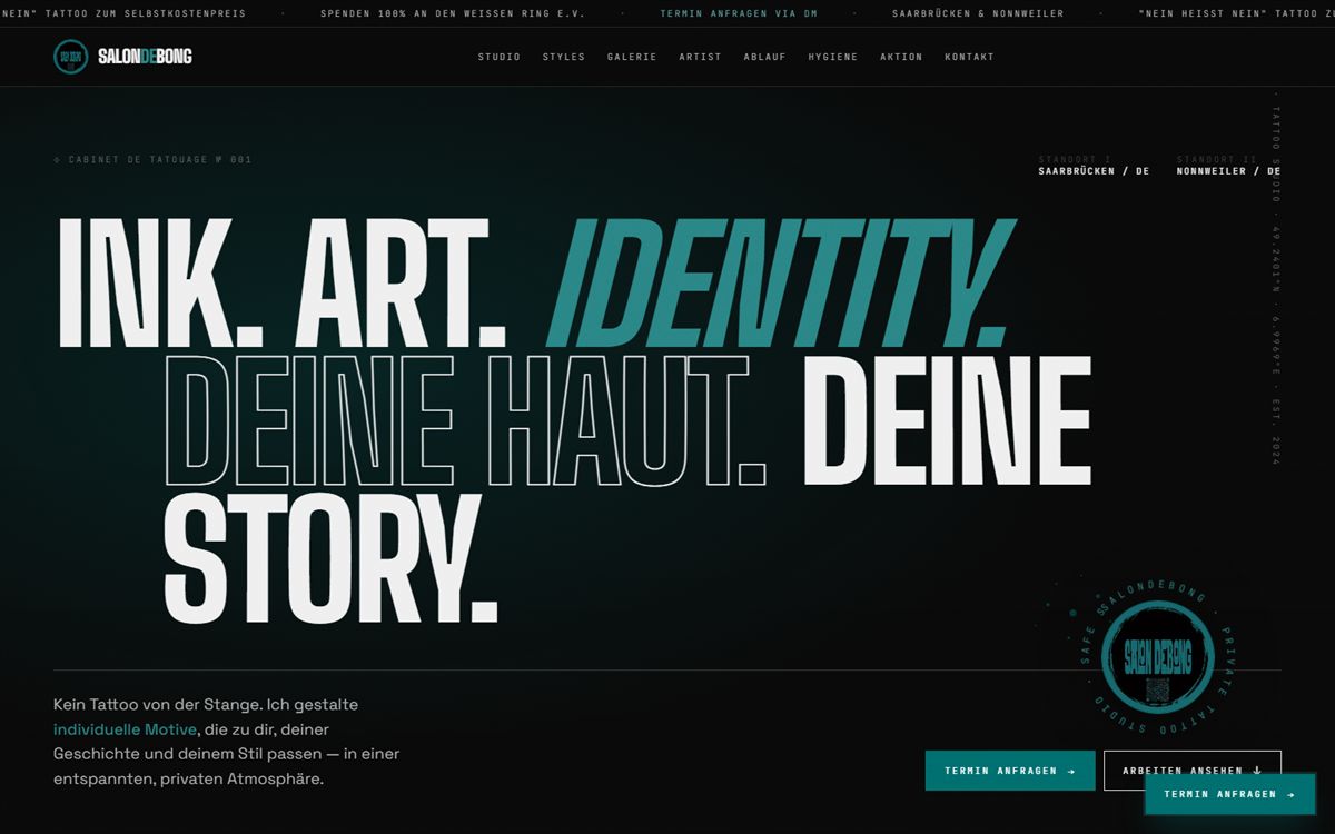 Startseite von salondebong.de — dunkles Design mit der Headline „Ink. Art. Identity.